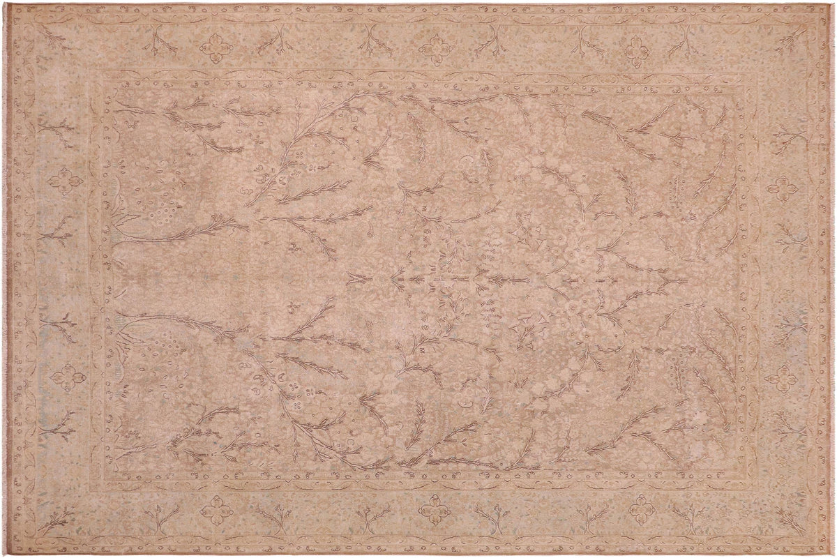 9x13 hand knotted vintage style Persian design wool rug in tan and blue - Vintage Retro Schafer