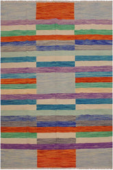 Flat Weave Kilim Antique Navaho Vintage handmade Modern Kilim Grey Purple Hand-Woven Rectangle 100% Wool Area Rug 7x10