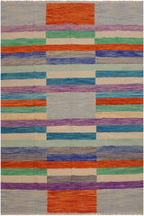 Flat Weave Kilim Antique Navaho Vintage handmade Modern Kilim Grey Purple Hand-Woven Rectangle 100% Wool Area Rug 7x10