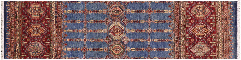 handmade Geometric Kurjean Blue Red Hand Knotted RUNNER 100% WOOL area rug 3x9