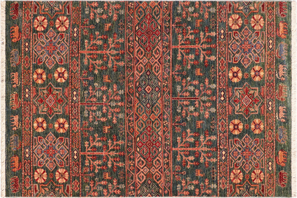 handmade Geometric Kurjean Green Orange Hand Knotted RECTANGLE 100% WOOL area rug 4x6