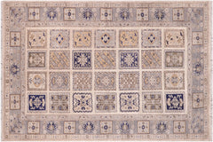 handmade Geometric Kafkaz Ivory Blue Hand Knotted RECTANGLE 100% WOOL area rug 6' x 9'