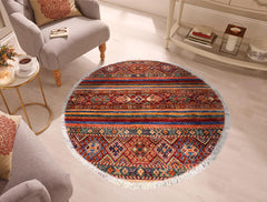 handmade Geometric Kurjean Red Blue Hand Knotted ROUND 100% WOOL area rug 3x3