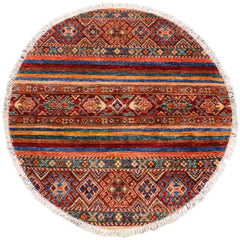 handmade Geometric Kurjean Red Blue Hand Knotted ROUND 100% WOOL area rug 3x3