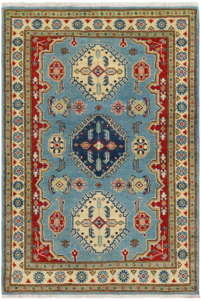 handmade Geometric Kazak Blue Beige Hand Knotted RECTANGLE 100% WOOL area rug 3' x 5'