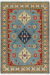 handmade Geometric Kazak Blue Beige Hand Knotted RECTANGLE 100% WOOL area rug 3' x 5'