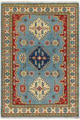 handmade Geometric Kazak Blue Beige Hand Knotted RECTANGLE 100% WOOL area rug 3' x 5'