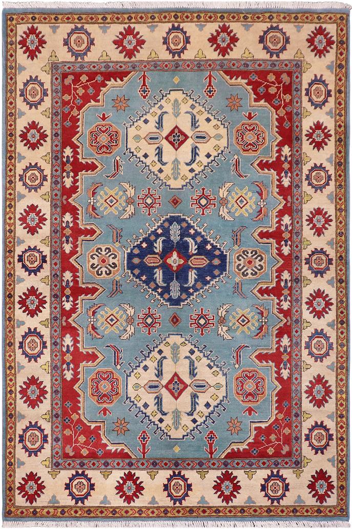 handmade Geometric Kazak Blue Beige Hand Knotted RECTANGLE 100% WOOL area rug 6' x 8'