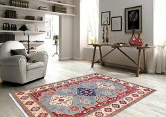 handmade Geometric Kazak Blue Beige Hand Knotted RECTANGLE 100% WOOL area rug 6'X8'