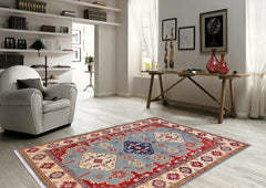 handmade Geometric Kazak Blue Beige Hand Knotted RECTANGLE 100% WOOL area rug 6' x 8'