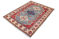 handmade Geometric Kazak Blue Beige Hand Knotted RECTANGLE 100% WOOL area rug 6' x 8'