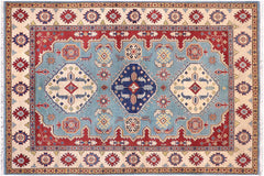 handmade Geometric Kazak Blue Beige Hand Knotted RECTANGLE 100% WOOL area rug 6'X8'