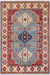 handmade Geometric Kazak Blue Beige Hand Knotted RECTANGLE 100% WOOL area rug 6' x 8'