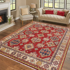 handmade Geometric Kazak Red Beige Hand Knotted RECTANGLE 100% WOOL area rug 9' x 12'