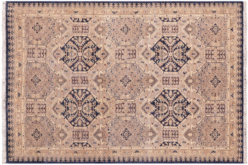 handmade Transitional Kafkaz Blue Beige Hand Knotted RECTANGLE 100% WOOL area rug 5' x 7'
