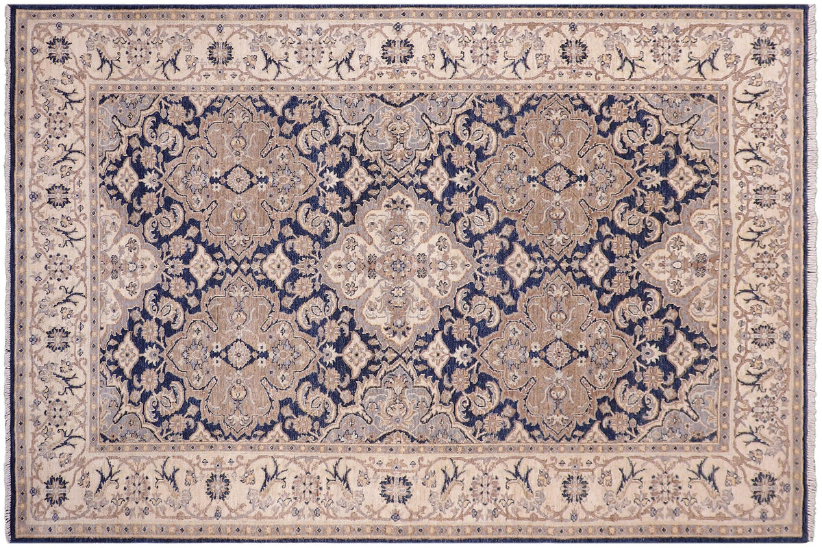 6x9 hand knotted transitional wool rug in blue and beige - Eclectic Lizette