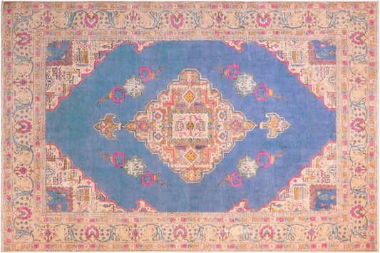 handmade Vintage Hand Painte Blue Beige Hand Knotted RECTANGLE 100% WOOL area rug 8' x 11'