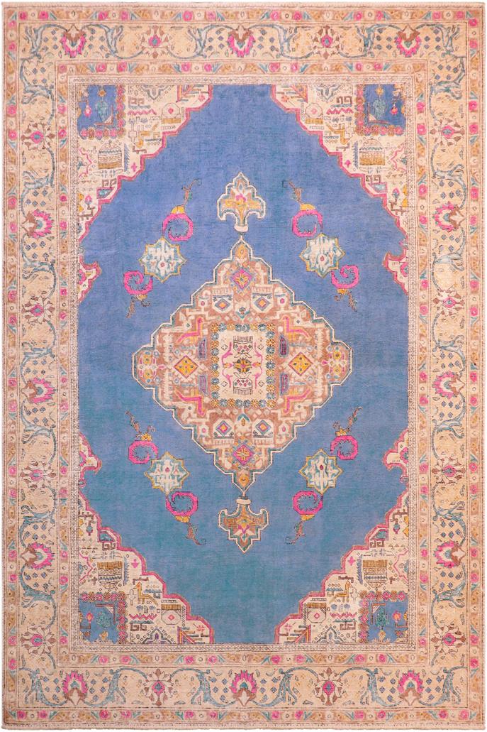 handmade Vintage Hand Painte Blue Beige Hand Knotted RECTANGLE 100% WOOL area rug 8 x 11