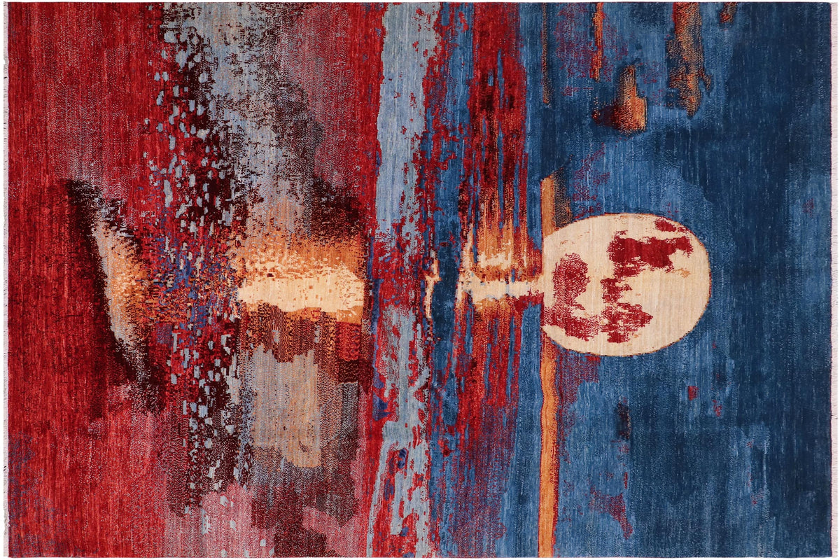 8x10 hand knotted modern wool rug in blue and red - Chic Martin