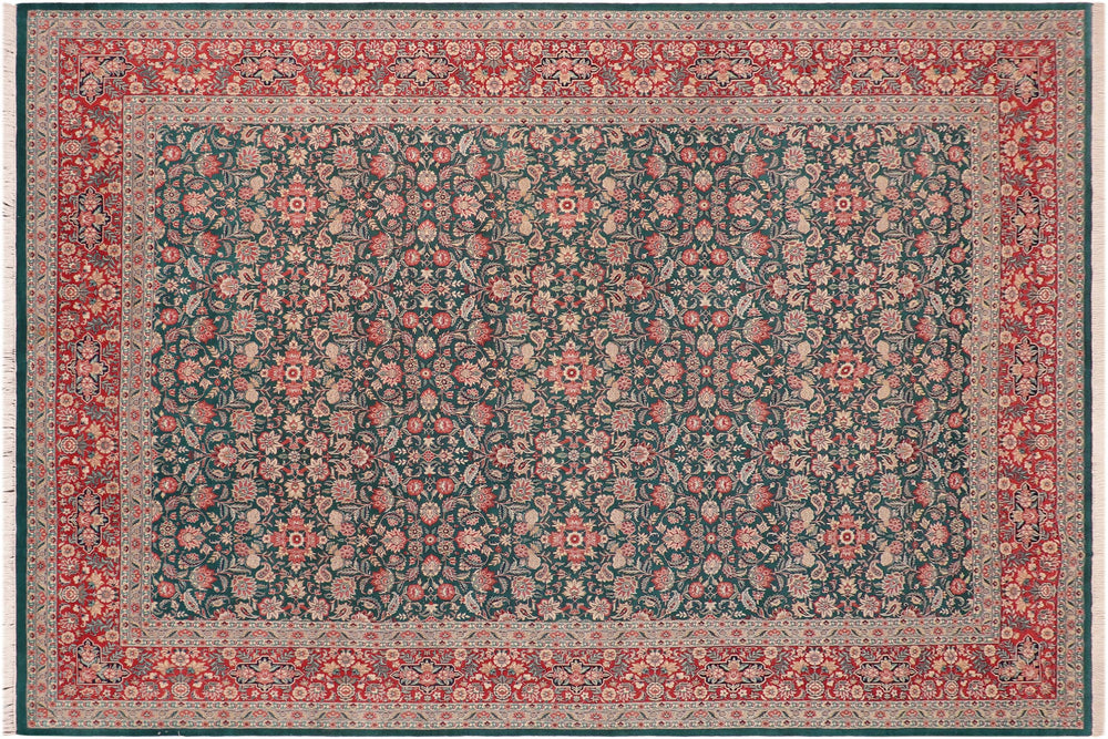 handmade Transitional Kashan Green Red Hand Knotted RECTANGLE 100% WOOL area rug 10x14