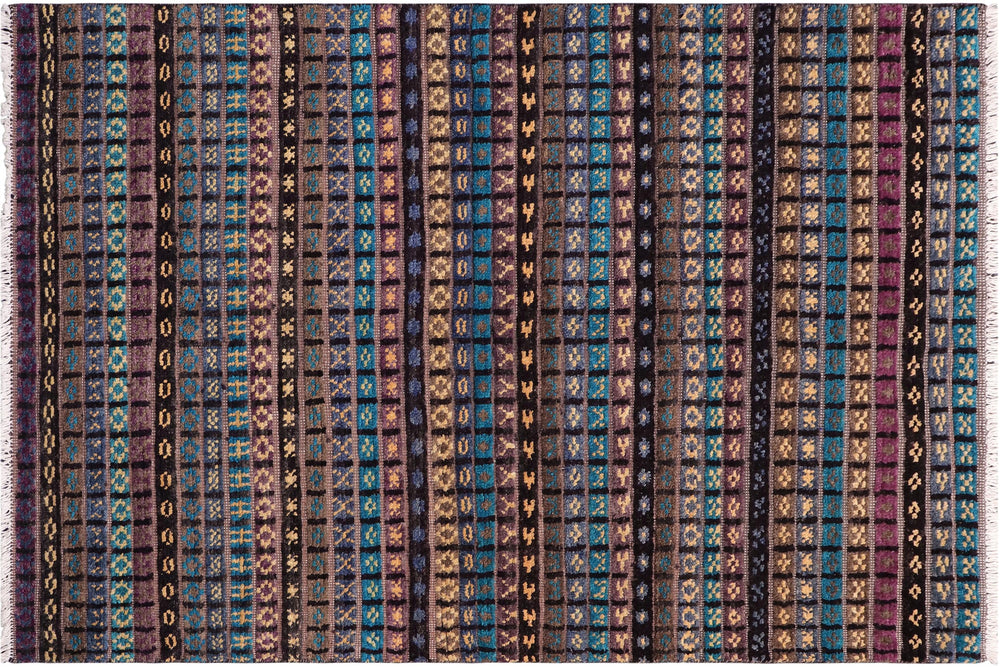 handmade Geometric Berjusta Black Gold Hand Knotted RECTANGLE 100% WOOL area rug 5' x 7'