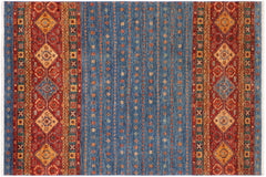 handmade Geometric Kurjean Blue Red Hand Knotted RECTANGLE 100% WOOL area rug 6x8