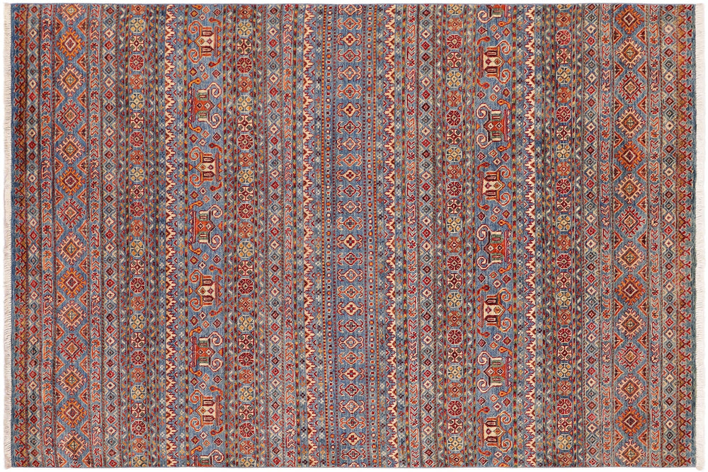 handmade Geometric Kurjean Blue Red Hand Knotted RECTANGLE 100% WOOL area rug 5x8