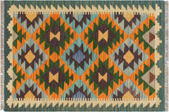 handmade Geometric Kilim Rust Blue Hand-Woven RECTANGLE 100% WOOL area rug 2 x 3