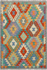 Flat Weave Kilim Antique Navaho Vintage handmade Geometric Kilim Blue Gray Hand-Woven Rectangle 100% Wool Area Rug 3x4