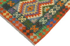 Flat Weave Kilim Antique Navaho Vintage handmade Geometric Kilim Blue Rust Hand-Woven Rectangle 100% Wool Area Rug 3x4