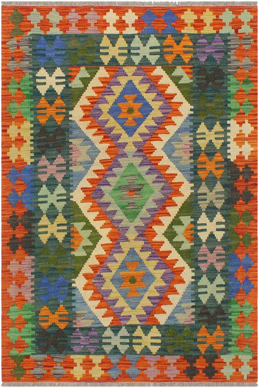 Flat Weave Kilim Antique Navaho Vintage handmade Geometric Kilim Blue Rust Hand-Woven Rectangle 100% Wool Area Rug 3x4