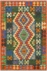 Flat Weave Kilim Antique Navaho Vintage handmade Geometric Kilim Blue Rust Hand-Woven Rectangle 100% Wool Area Rug 3x4