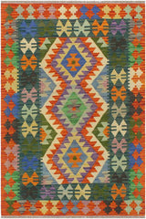 Flat Weave Kilim Antique Navaho Vintage handmade Geometric Kilim Blue Rust Hand-Woven Rectangle 100% Wool Area Rug 3x4