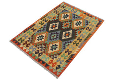 Flat Weave Kilim Antique Navaho Vintage handmade Geometric Kilim Rust Gold Hand-Woven Rectangle 100% Wool Area Rug 3x5