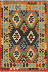 Flat Weave Kilim Antique Navaho Vintage handmade Geometric Kilim Rust Gold Hand-Woven Rectangle 100% Wool Area Rug 3x5