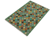 handmade Modern Kilim Green Blue Hand-Woven RECTANGLE 100% WOOL area rug 3x4