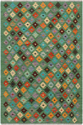 Flat Weave Kilim Antique Navaho Vintage handmade Modern Kilim Green Blue Hand-Woven Rectangle 100% Wool Area Rug 3x4