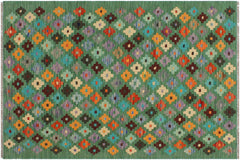 handmade Modern Kilim Green Blue Hand-Woven RECTANGLE 100% WOOL area rug 3x4