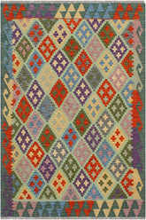 Flat Weave Kilim Antique Navaho Vintage handmade Geometric Kilim Blue Green Hand-Woven Rectangle 100% Wool Area Rug 3x5