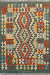 Flat Weave Kilim Antique Navaho Vintage handmade Geometric Kilim Blue Green Hand-Woven Rectangle 100% Wool Area Rug 3x4