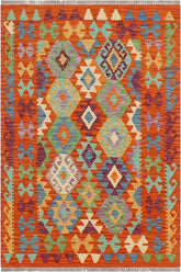 Flat Weave Kilim Antique Navaho Vintage handmade Geometric Kilim Rust Blue Hand-Woven Rectangle 100% Wool Area Rug 3x4