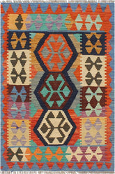 Flat Weave Kilim Antique Navaho Vintage handmade Geometric Kilim Blue Rust Hand-Woven Rectangle 100% Wool Area Rug 3x4