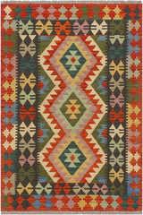 Flat Weave Kilim Antique Navaho Vintage handmade Geometric Kilim Rust Charcoal Hand-Woven Rectangle 100% Wool Area Rug 3x4