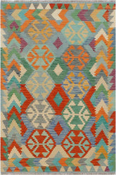 Flat Weave Kilim Antique Navaho Vintage handmade Geometric Kilim Rust Blue Hand-Woven Rectangle 100% Wool Area Rug 4x5