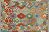 handmade Geometric Kilim Rust Blue Hand-Woven RECTANGLE 100% WOOL area rug 4 x 5