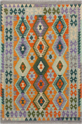 Flat Weave Kilim Antique Navaho Vintage handmade Geometric Kilim Rust Blue Hand-Woven Rectangle 100% Wool Area Rug 4x5