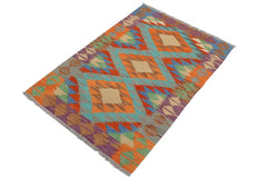 Flat Weave Kilim Antique Navaho Vintage handmade Geometric Kilim Blue Rust Hand-Woven Rectangle 100% Wool Area Rug 3x5