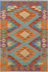 Flat Weave Kilim Antique Navaho Vintage handmade Geometric Kilim Blue Rust Hand-Woven Rectangle 100% Wool Area Rug 3x5