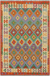 Flat Weave Kilim Antique Navaho Vintage handmade Geometric Kilim Blue Beige Hand-Woven Rectangle 100% Wool Area Rug 3x5