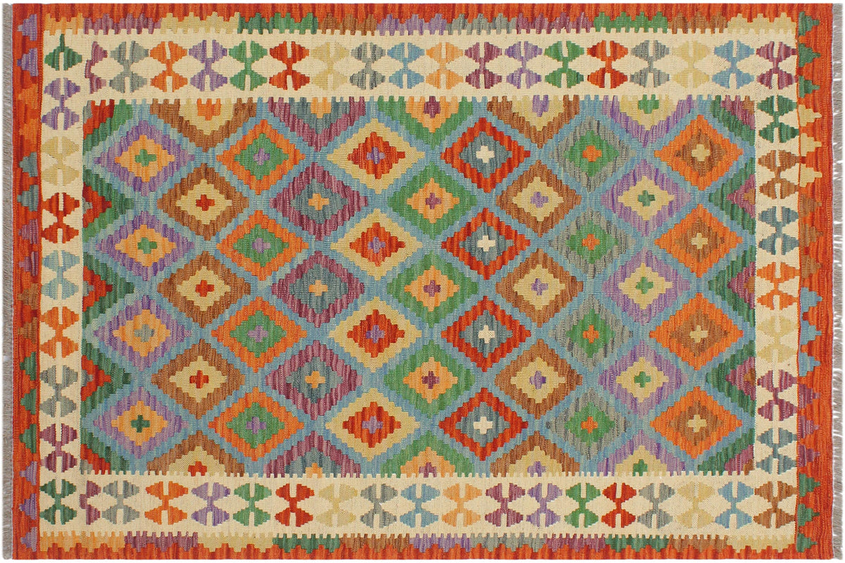 3x5 hand woven Turkish Kilim wool rug in blue and beige - Chic Jammie Turkish
